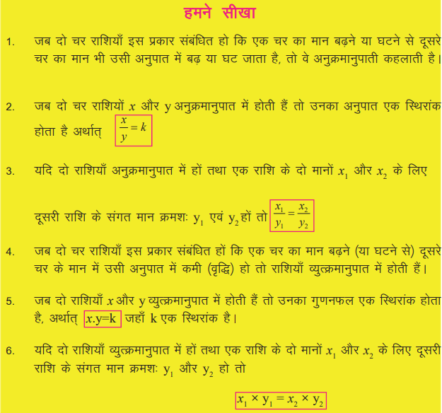 अनुक्रमानुपाती एवं व्युत्क्रमानुपाती संबंध कक्षा 8 गणित - Notes of important topics